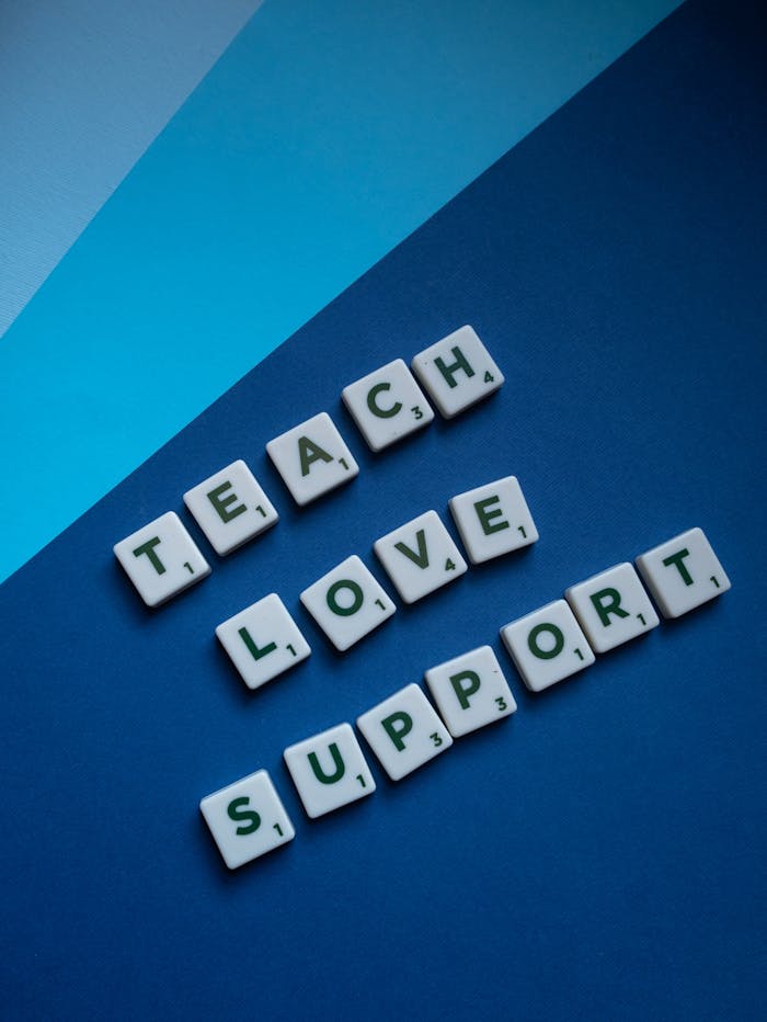 The Art of Drawing Readers In: Your attractive post title goes here Letter tiles spelling 'Teach Love Support' on blue shaded background, conveying a message of encouragement.